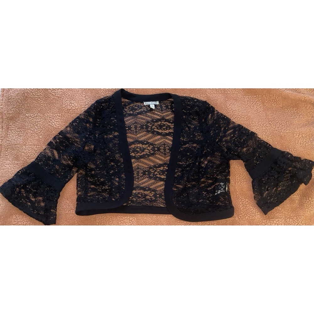 Maya Brooke Black Sheer Open Front Bolero Jacket 3/4 Sleeve Size 12